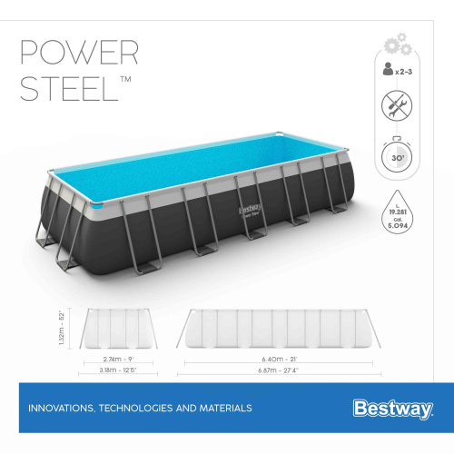 Каркасный прямоугольный бассейн Bestway 640х274х132 см + песочный ф/насос 5678 л/ч, тент, лестница (5612B BW)