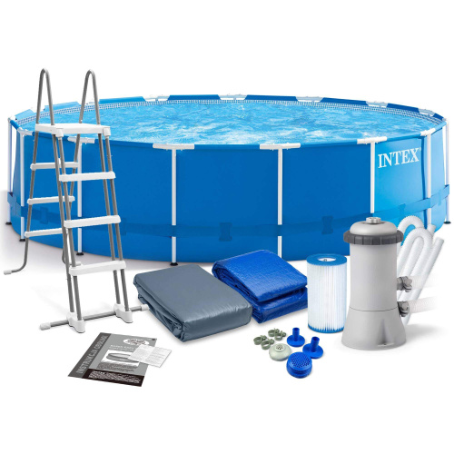 Каркасный бассейн Intex Metal Frame 457x122 см + фильтр-насос 3785 л/ч, лестница, тент, подстилка (28242)