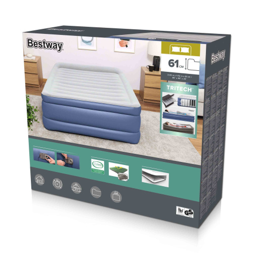Надувная кровать Tritech 203x152x61 см, с подголовником, встроенный насос 220V (Bestway 67690 BW)