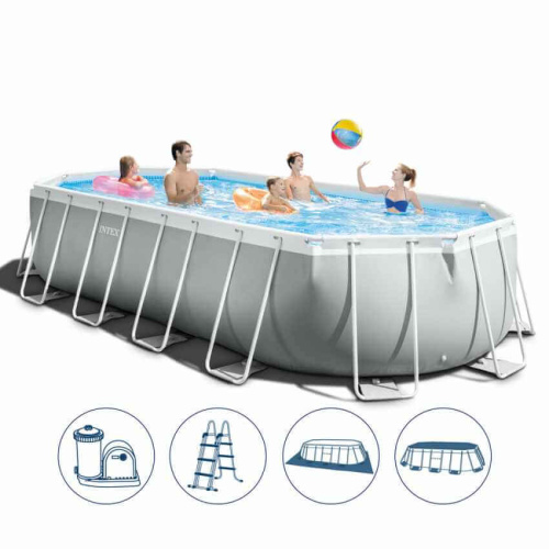 Каркасный овальный бассейн Intex Prism Frame 610х305х122 см + фильтр-насос 5678 л/ч, лестница, тент, подстилка (26798)