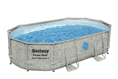 Каркасный овальный бассейн Bestway "Камень" 488х305х107 см + песочный ф/насос 3028 л/ч, лестница, тент (56946)