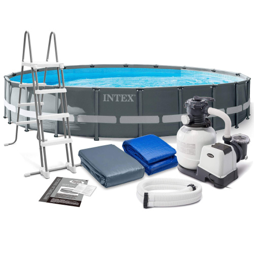 Каркасный бассейн Intex Ultra Frame, 610х122 см + песочный ф/насос, лестница, тент, подстилка (26334)