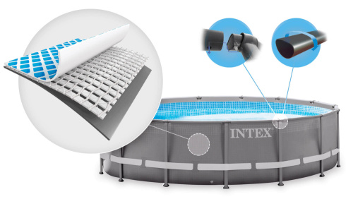 Каркасный бассейн Intex Ultra Frame, 732х132 см + песочный ф/насос, лестница, тент, подстилка (26340)
